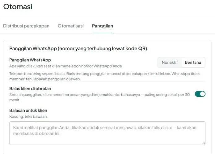 Tab «Panggilan» dengan pengaturan «Panggilan WhatsApp», «Balas klien di obrolan», dan bidang «Balasan untuk klien».