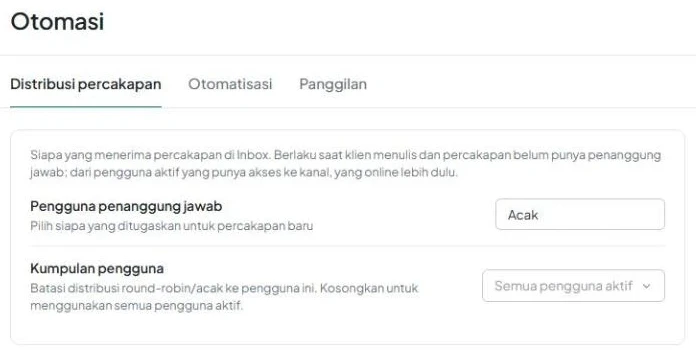 Tab «Distribusi percakapan» di bagian «Otomatisasi» pada dasbor AnyLinga dengan bidang «Pengguna penanggung jawab» dan «Kumpulan pengguna».