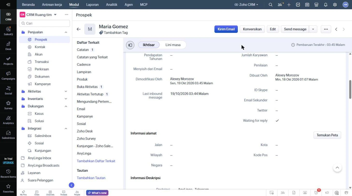 Kartu catatan prospek dengan bidang Last inbound message dan Waiting for reply di bagian paling akhir dari detail prospek.