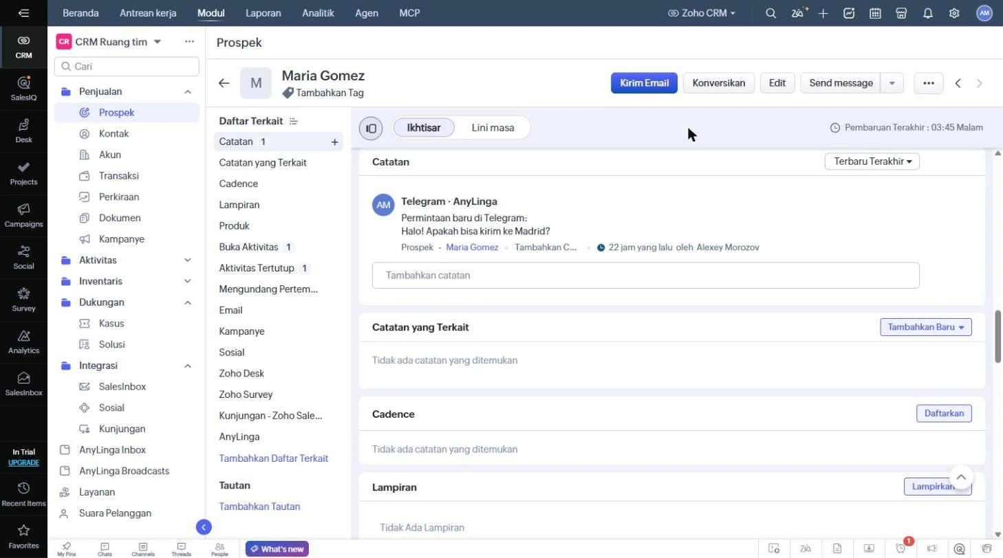 Kartu prospek dengan daftar terkait «Catatan», label «Telegram · AnyLinga», dan catatan «Pertanyaan baru di Telegram: …».