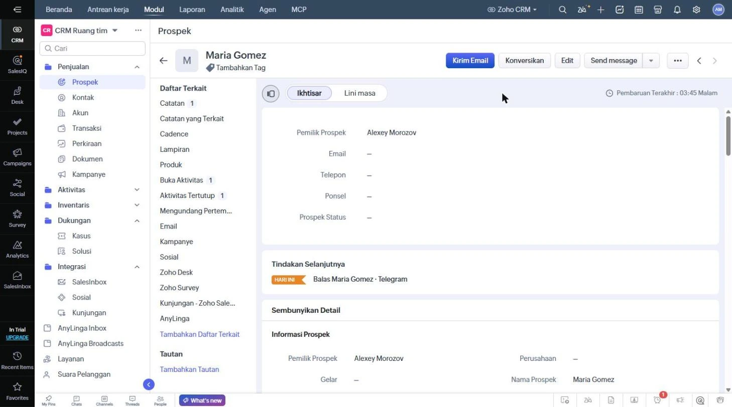 Kartu prospek di Zoho CRM dengan tombol Send message di bagian atas.