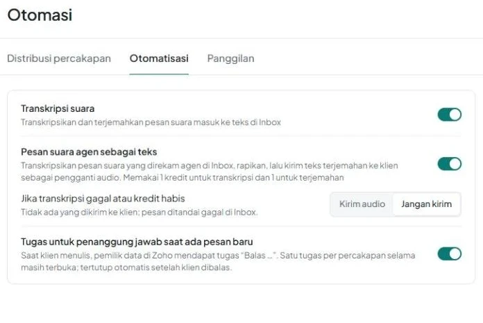 Tab «Otomatisasi» dengan pengaturan transkripsi suara, pengiriman pesan suara agen sebagai teks, dan tugas untuk penanggung jawab.