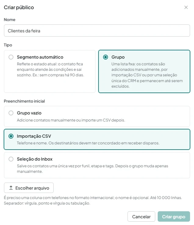 Janela de criação de público com nome, tipo Group e opção Importação CSV no bloco Preenchimento inicial.