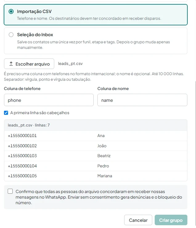 Mapeamento das colunas do CSV com prévia das primeiras cinco linhas e caixa obrigatória de consentimento dos destinatários.