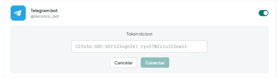 Campo «Token do bot» e botões para conectar e cancelar.
