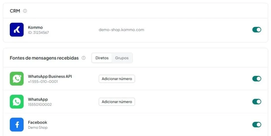 Página “Canais” de uma nova conta para o Kommo, com os blocos “CRM” e “Fontes de mensagens recebidas” e as abas “Diretos” e “Grupos”.