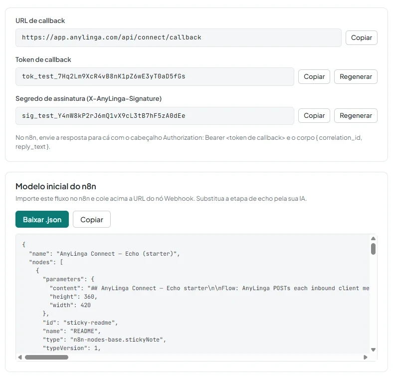 Campos de URL de callback, token e segredo de assinatura, além do bloco do modelo inicial com o botão «Baixar .json».