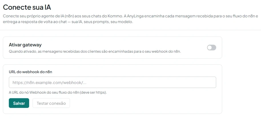 Página «Conecte sua IA» com a opção «Ativar gateway» e o campo «URL do webhook do n8n».