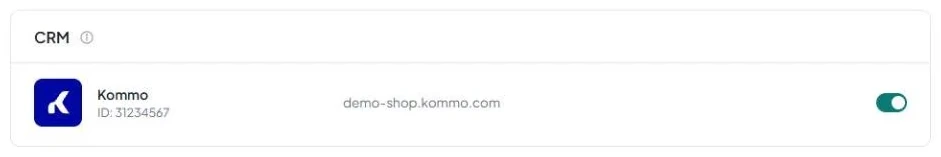 O bloco «CRM» mostra a linha do Kommo, o ID da conta, o link para o endereço da conta e o interruptor ativado.