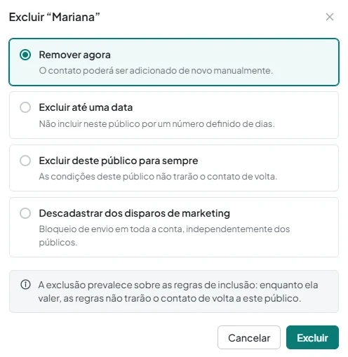 Menu «Excluir» no público, com opções de exclusão e descadastro dos disparos de marketing.