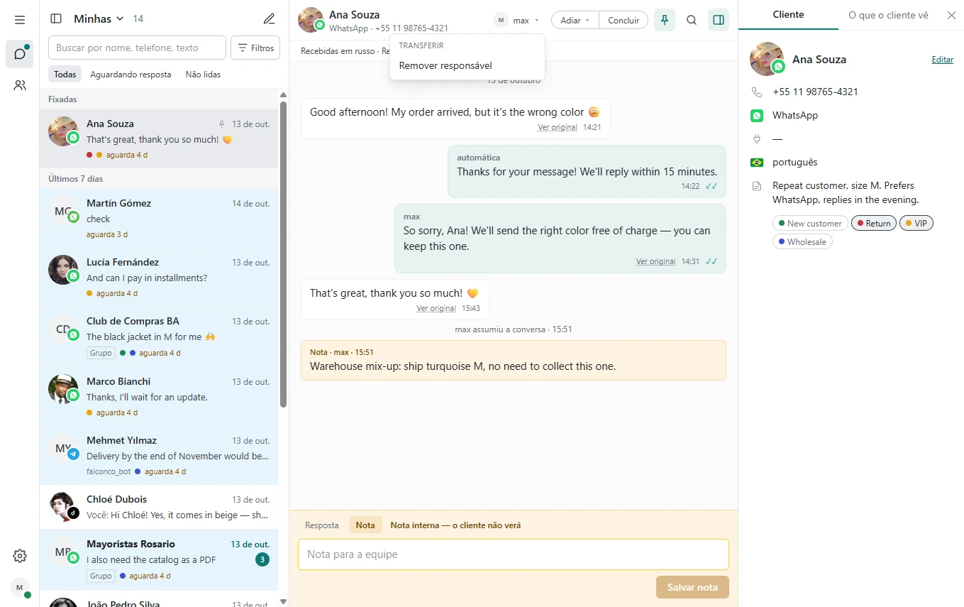 Conversa aberta no Inbox com o campo «Usuário responsável», o modo «Nota» e as ações para alterar o status.