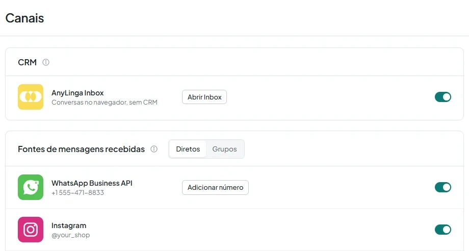 Seção «Canais» da conta AnyLinga com o cartão «AnyLinga Inbox» e a descrição «Conversas no navegador, sem CRM».