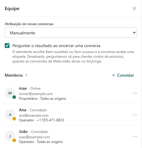 Seção «Equipe» no Inbox com as funções dos funcionários, o acesso às origens e a configuração «Atribuição de novas conversas».