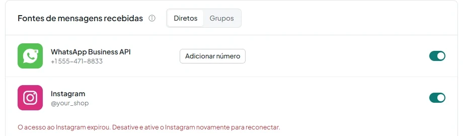 Linha do Instagram com o aviso «O acesso ao Instagram expirou. Desative e ative o Instagram novamente para reconectar.».