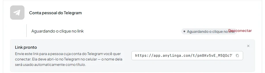 Janela «Link pronto» com os botões «Abrir link» e «Copiar» e os status de conexão da conta pessoal.