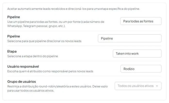 Modo «Para todas as fontes» com os campos «Pipeline», «Etapa» e «Usuário responsável», com «Rodízio» selecionado e «Grupo de usuários» visível.