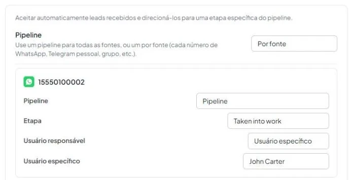 Modo «Por fonte»: cartão de fonte com pipeline, etapa e responsável próprios.