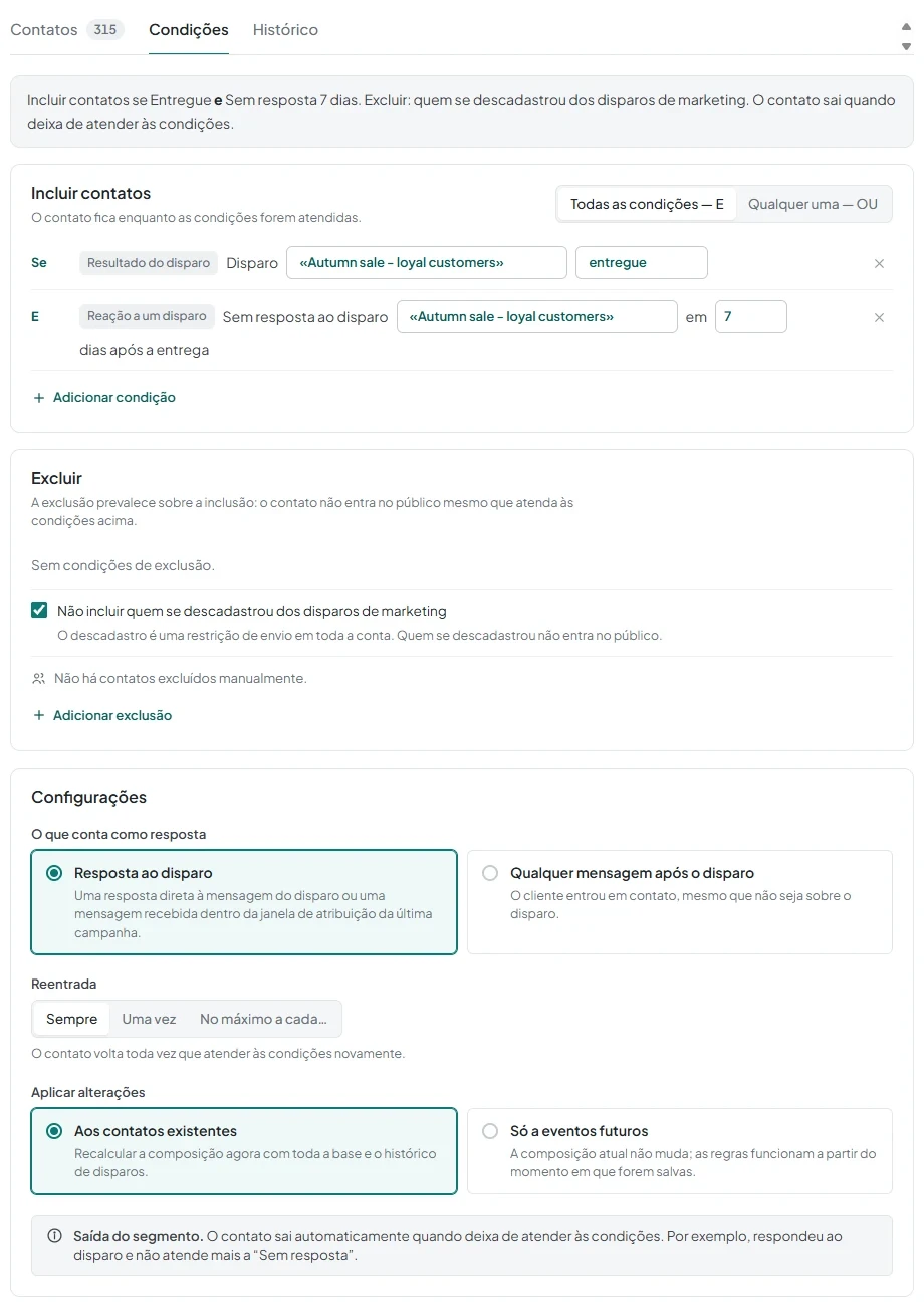 Aba «Condições» com a regra «Sem resposta {{d}}» e o cartão «Configurações».