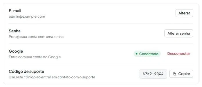 Aba «Conta» nas configurações com as linhas «E-mail», «Senha», «Google» e «Código de suporte» com o botão «Copiar».