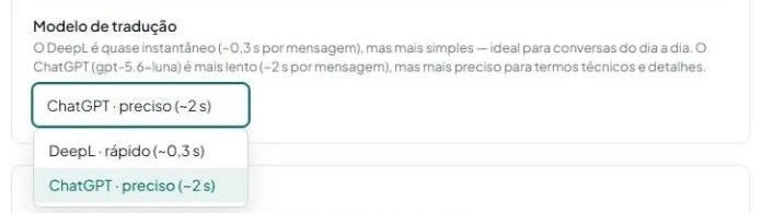 Linha «Modelo de tradução» com a lista aberta e as opções «DeepL · rápido (~0,3 s)» e «ChatGPT · preciso (~2 s)».