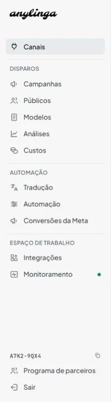 Menu lateral completo do painel com o item “Canais” e as seções “Disparos”, “Automação” e “Espaço de trabalho”. O texto alternativo da imagem foi ajustado à captura de tela real: “Suporte” e “Configurações”.