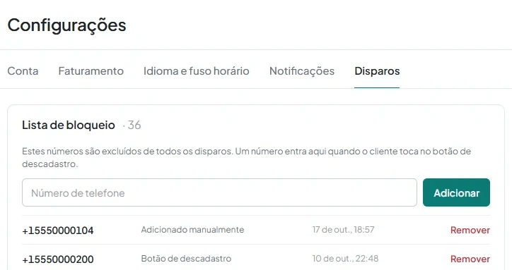 Cartão «Lista de bloqueio» na aba «Disparos» das configurações, com o campo de número e as origens dos registros.