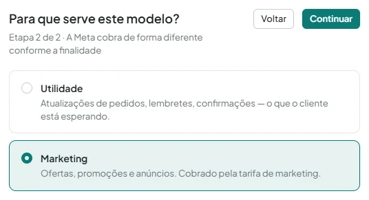 Seleção do tipo «Modelo do WhatsApp Business» e da finalidade «Marketing» ou «Utilidade».