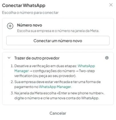 Janela «Conectar WhatsApp» com o bloco «Número novo», o botão «Conectar um número novo» e o bloco «Trazer de outro provedor» expandido.