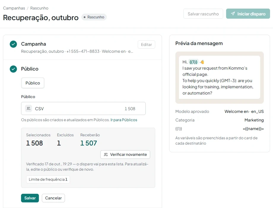 Seção Público após a verificação, com os indicadores Selecionados, Excluídos, Receberão e os motivos das exclusões.