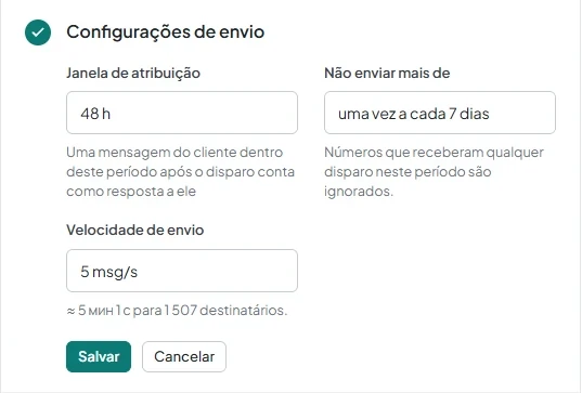 O assistente de criação de campanhas, na etapa «Configurações de envio», mostra o campo «Velocidade de envio» e a estimativa de tempo «≈ {t} para {n} destinatários.».