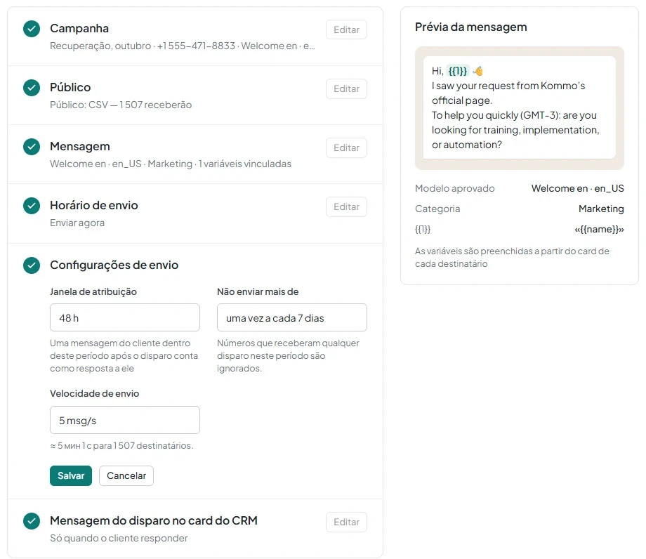 Seção Configurações de envio com frequência, velocidade de envio, estimativa de tempo e janela de atribuição.