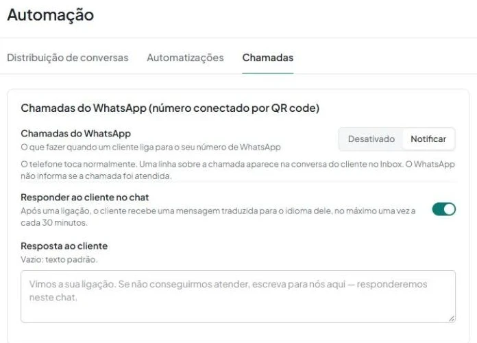 Aba «Chamadas» com as configurações «Chamadas do WhatsApp», «Responder ao cliente no chat» e o campo «Resposta ao cliente».