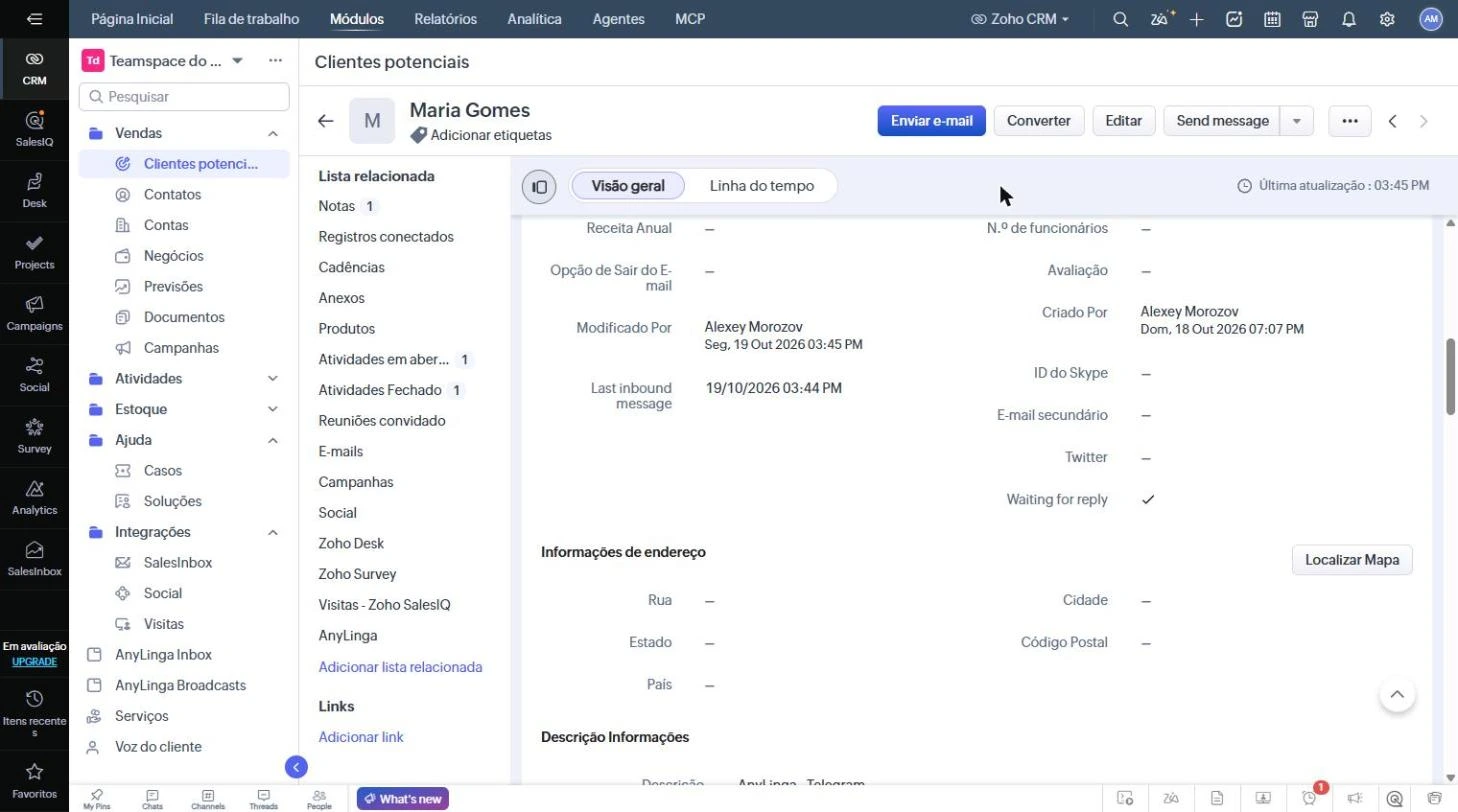 Registro de cliente potencial com os campos Last inbound message e Waiting for reply no final da seção de detalhes, logo acima de Informações de endereço.