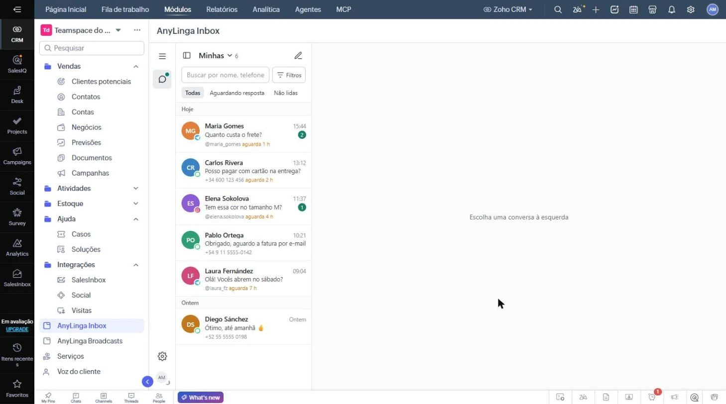Aba AnyLinga Inbox no Zoho com a lista de conversas.