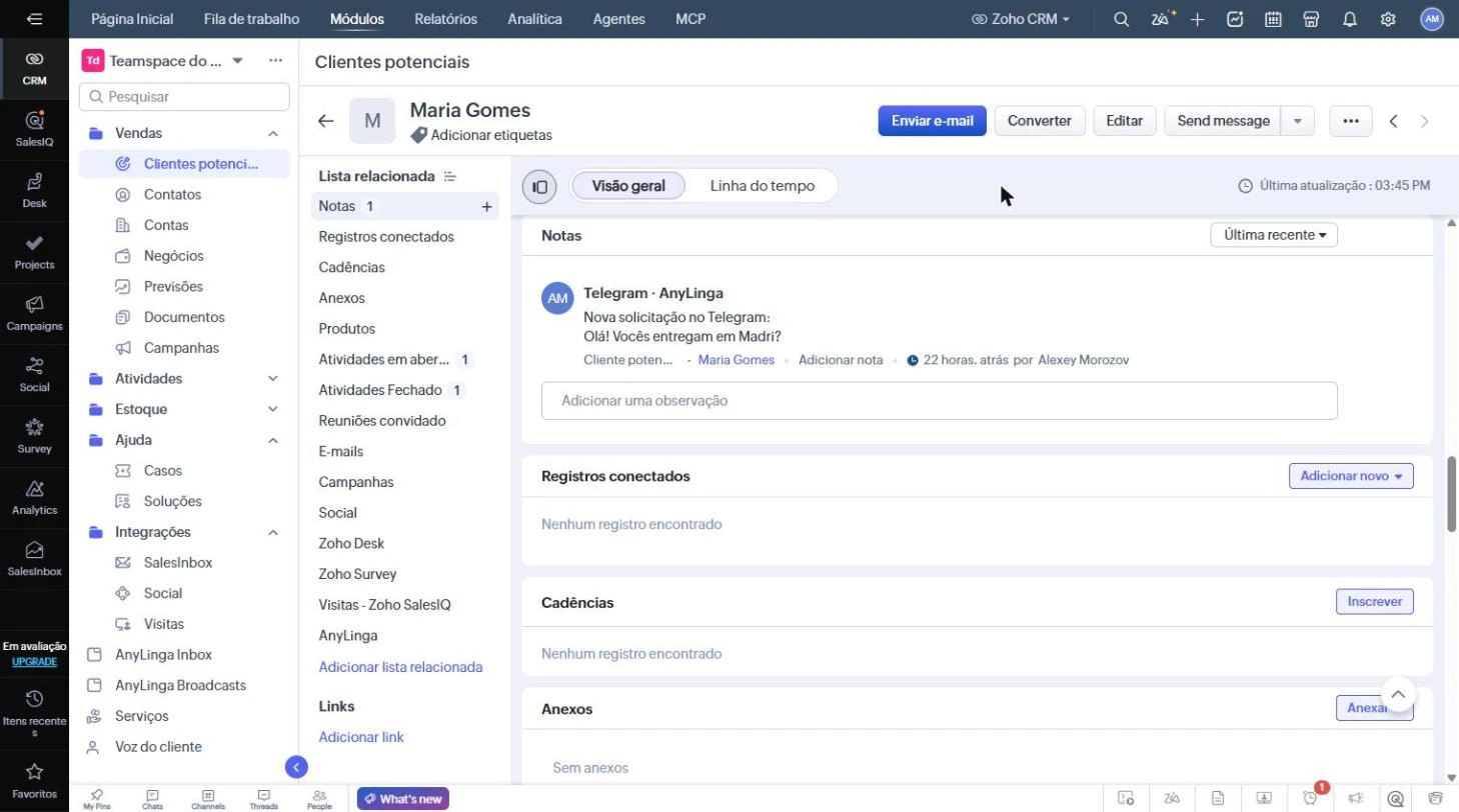 Ficha do cliente potencial com a lista relacionada «Notas», a identificação «Telegram · AnyLinga» e a nota «Novo contato pelo Telegram: …».