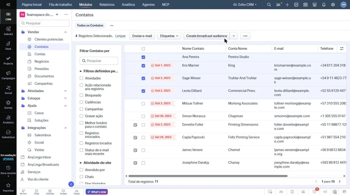 Lista «Contatos» no Zoho: registros selecionados e botão Create broadcast audience visível acima da tabela.