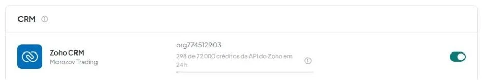 Linha Zoho CRM conectado: identificador e nome da organização, linha do limite da API e interruptor ativado.