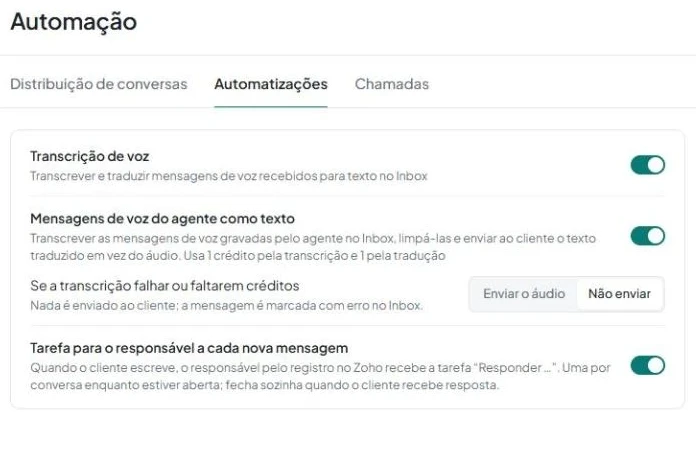 Aba «Automatizações» com configurações de transcrição de voz, envio de mensagens de voz do agente como texto e tarefa para o responsável.