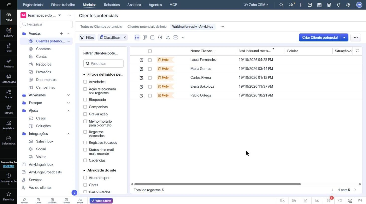 Lista «Clientes potenciais» com a visualização «Waiting for reply · AnyLinga» selecionada e a coluna Last inbound message.