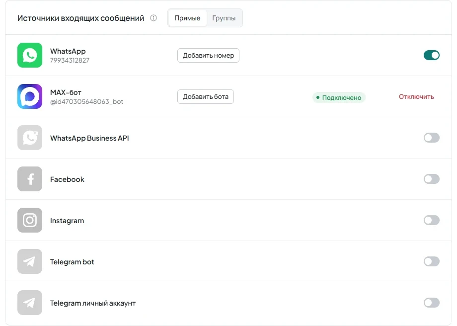 Страница «Каналы» со строками «Telegram bot» и «Telegram личный аккаунт» в блоке источников входящих сообщений.