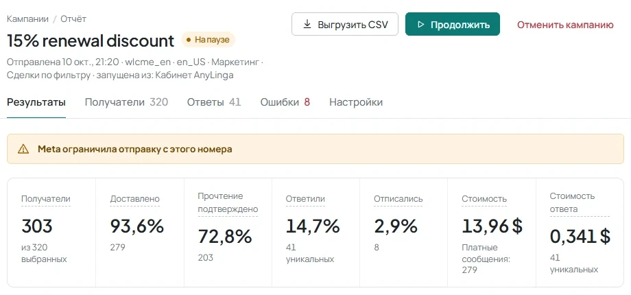 Отчёт приостановленной рассылки показывает причину «Meta ограничила отправку с этого номера».