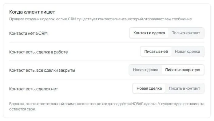 Вкладка «Правила создания сделок», карточка «Когда клиент пишет» с четырьмя ситуациями и переключателями действий.