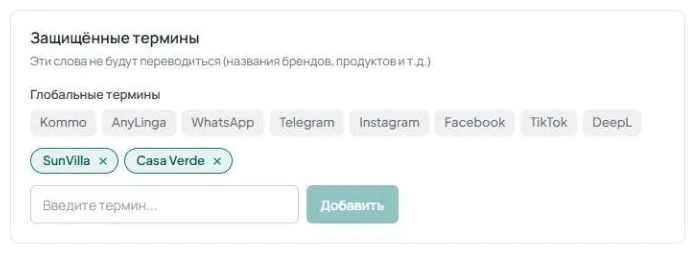 Карточка «Защищённые термины»: серые глобальные термины, собственные термины с «×», поле «Введите термин...» и кнопка «Добавить».