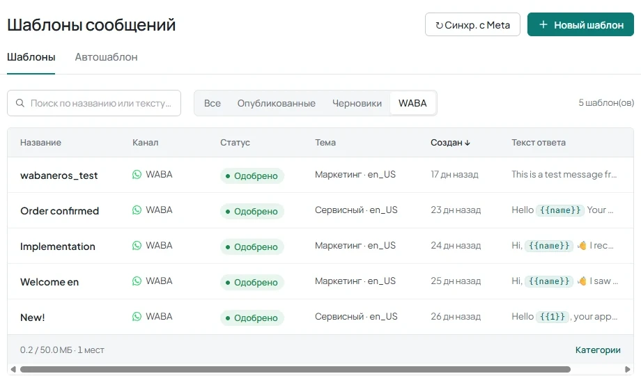 Список шаблонов со статусами и кнопкой «↻ Синхр. с Meta».