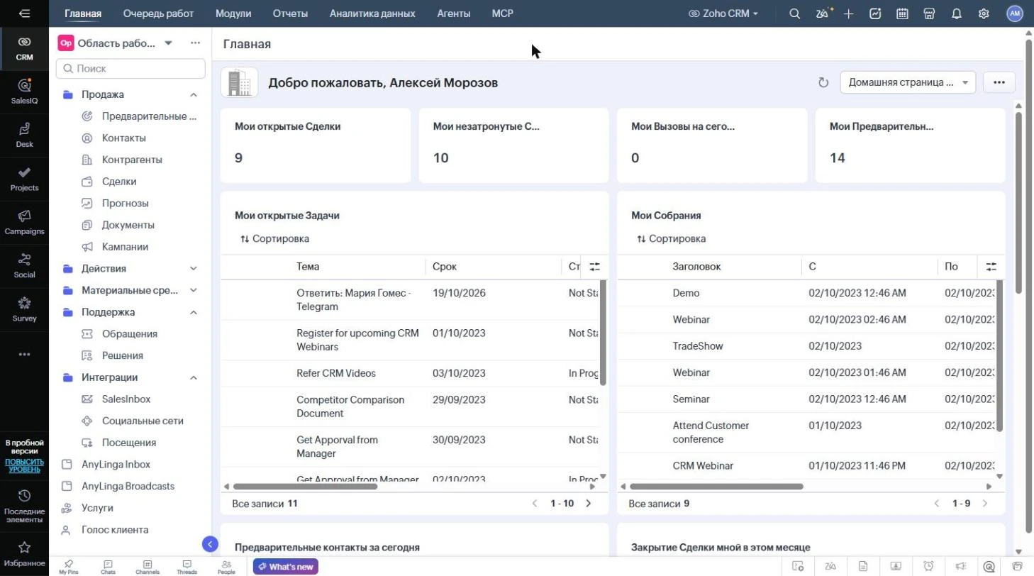 Главная страница Zoho CRM: в левом меню видны вкладки AnyLinga Inbox и AnyLinga Broadcasts.