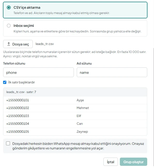İlk beş satırın önizlemesi ve alıcı onayı için zorunlu onay kutusuyla CSV sütunlarını eşleştirme.
