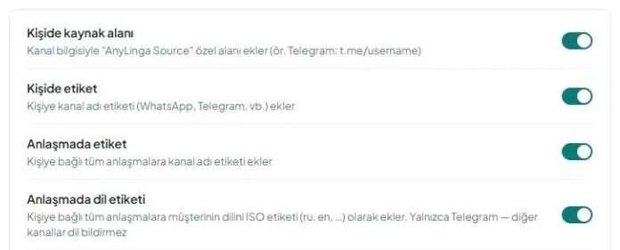 «Kişide kaynak alanı», «Kişide etiket», «Anlaşmada etiket» ve «Anlaşmada dil etiketi» seçeneklerinin açık olduğu «Otomasyonlar» sekmesi.