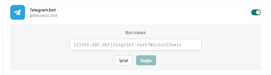 «Bot tokeni» alanı ile bağlama ve iptal düğmeleri.