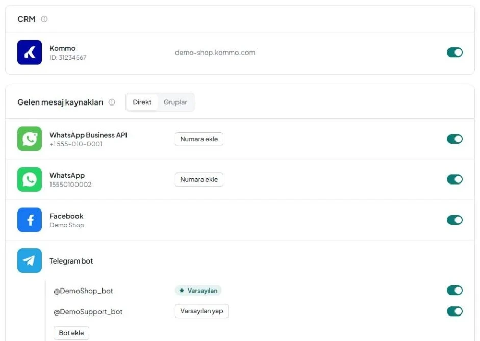 Kommo için yeni bir hesabın «Kanallar» sayfası: «CRM» ve «Gelen mesaj kaynakları» blokları ile «Direkt» ve «Gruplar» sekmeleri.