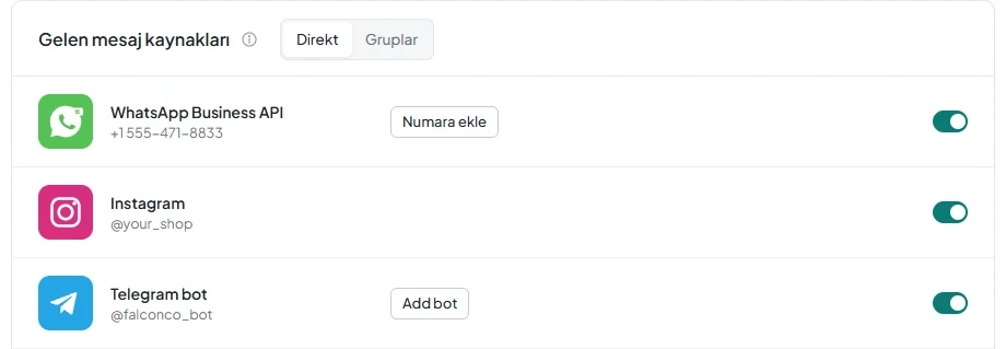«Kanallar» sayfasındaki gelen mesaj kaynakları bölümünde «Telegram bot» ve «Telegram kişisel hesap» satırları.